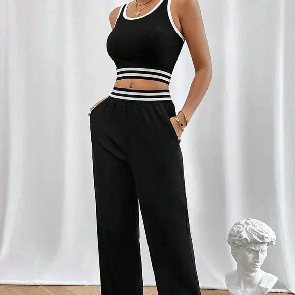 Black Casual Women's Contrast Binding Crop Tank Top & Pants - Picture 1 of 6